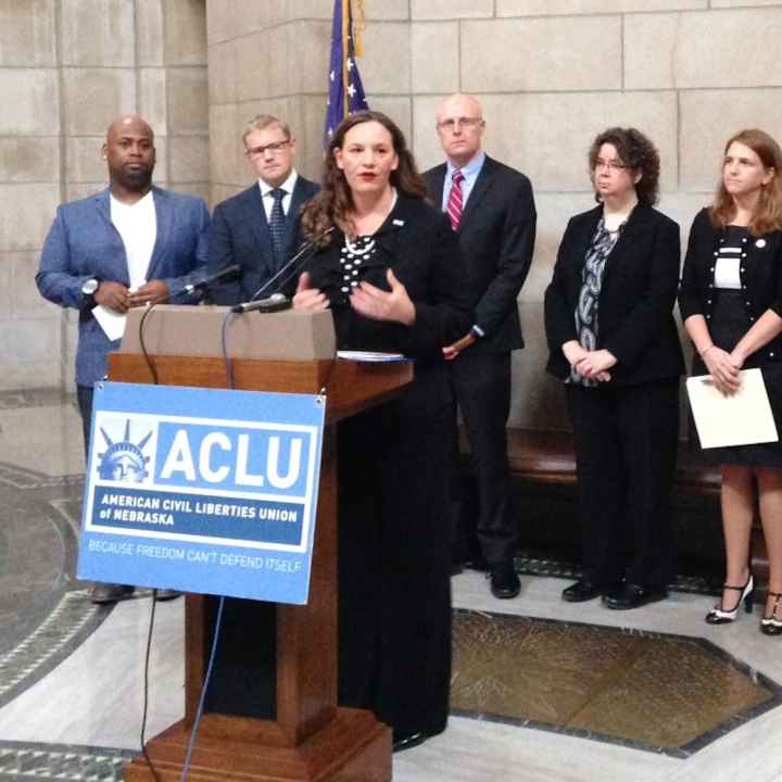 ACLU of Nebraska’s Danielle Conrad announced the lawsuit against the Dept. of Correctional Services last year.  photo credit: Nebraska Radio Network  