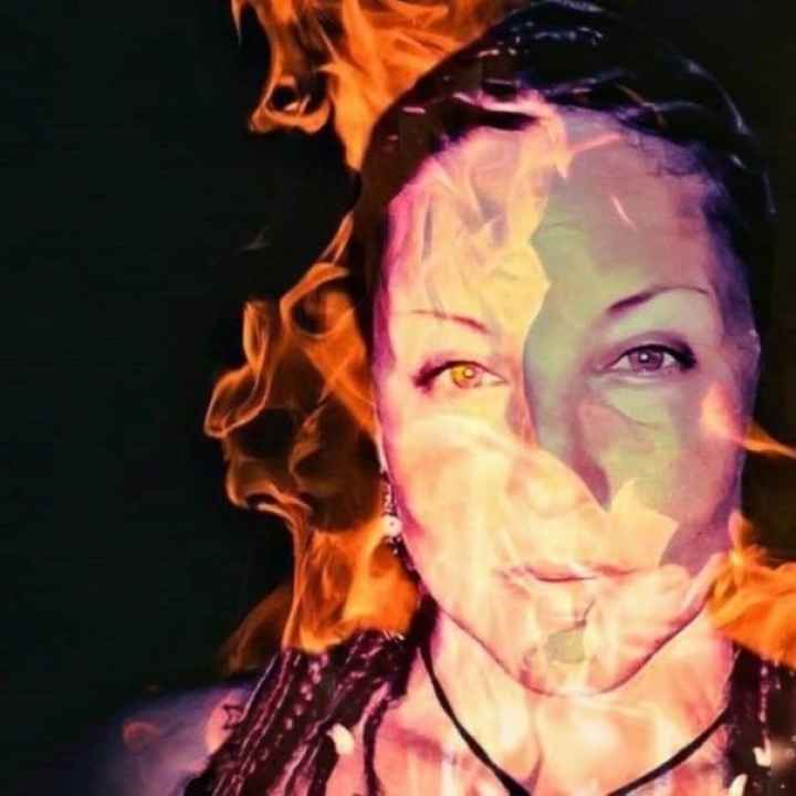 An artistic image of Nature Medicine Song Villegas, showing her face superimposed over flames.