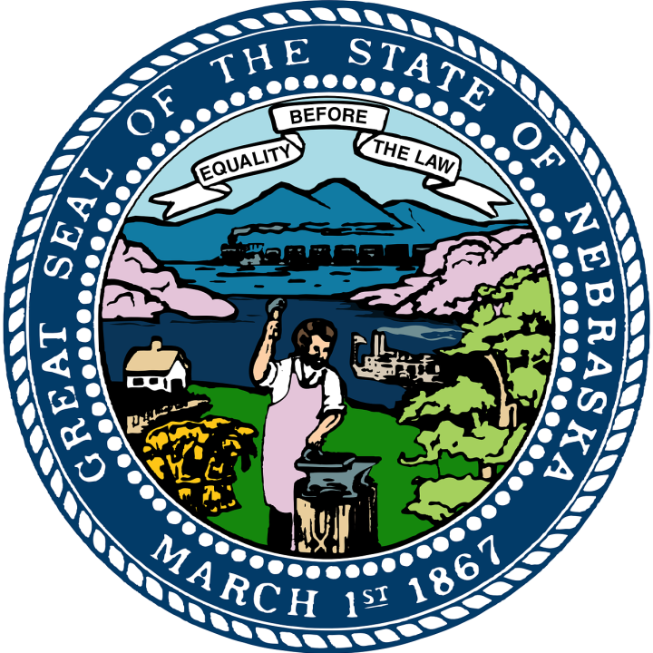 Great Seal of the State of Nebraska A landscape featuring Sandhills, a train, the Missouri River, a tree, wheat, a house, a steamboat, and blacksmith. A banner in the sky says "Equality Before the Law". A blue circle border, in white "Great Seal of the State of Nebraska March 1st 1867"