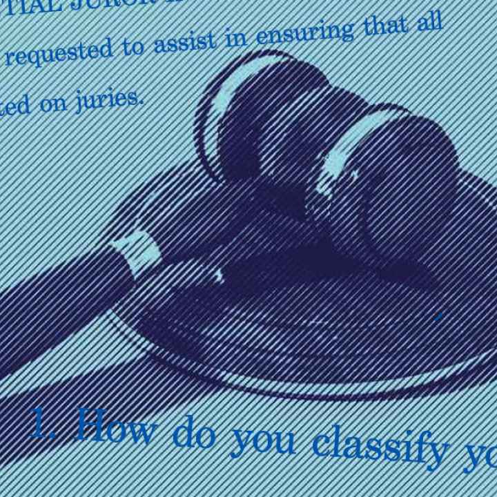 A stylized graphic shows a gavel, the ACLU logo, and excerpts from the juror qualification form.