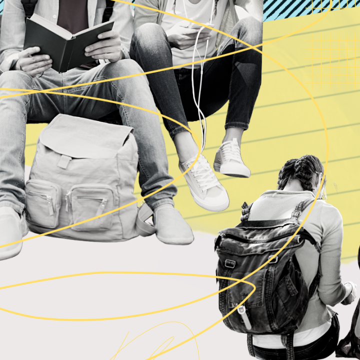 A stylized graphic shows a group of students.